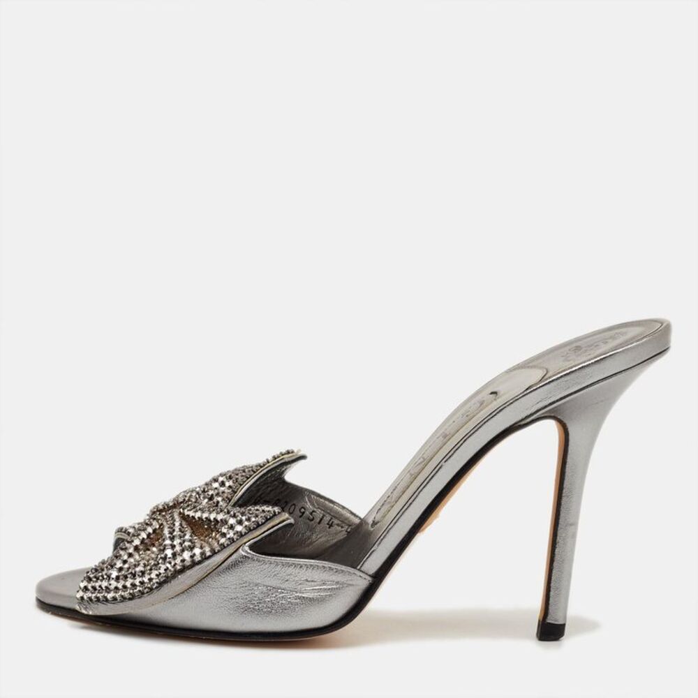 Gina Size 37 Silver Leather Crystal Embellished Slide Sandals